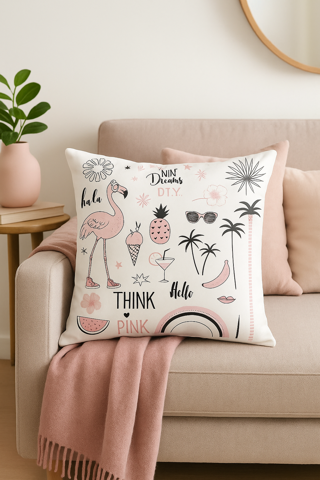 housse de coussin carrée motif flamant rose décoratif pour intérieur - vue 2 sur 2