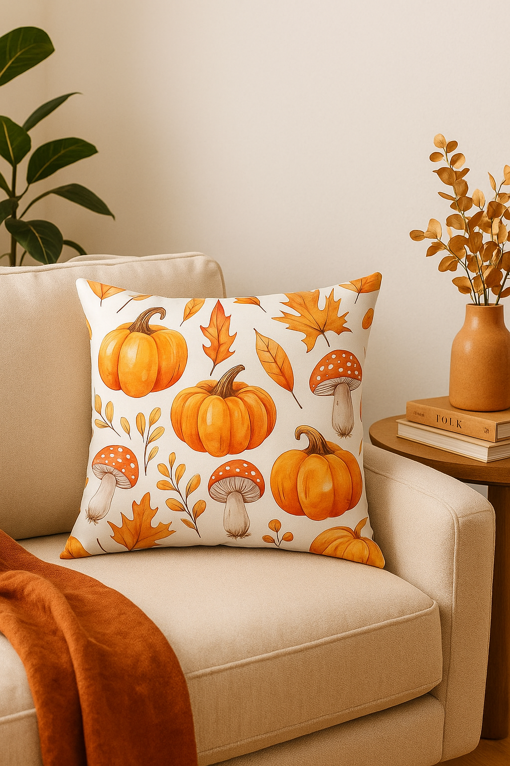housse de coussin citrouille et feuilles dautomne décorative - vue 2 sur 2