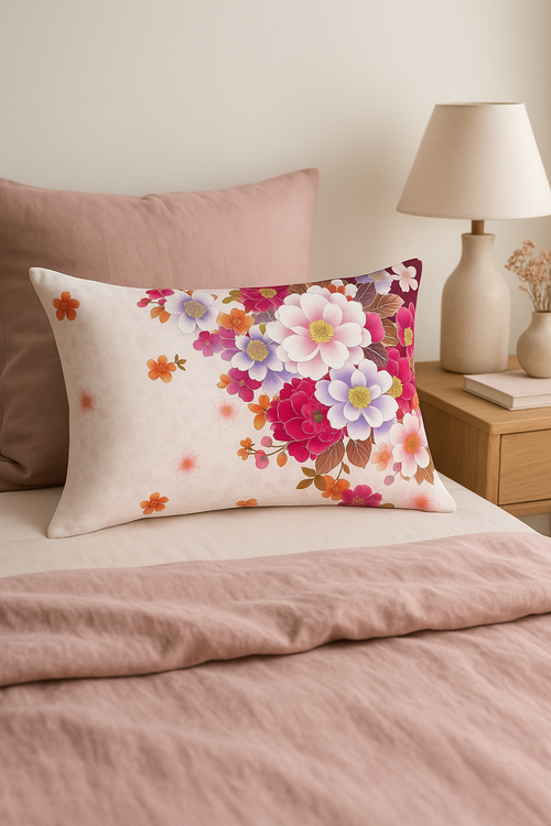 housse de coussin décorative arc-en-ciel fleurs rouges et roses - vue 3 sur 2