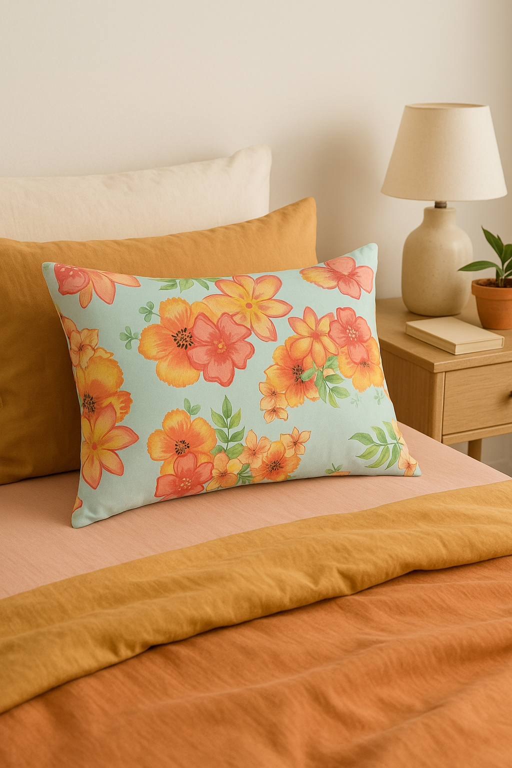 housse de coussin décorative arc-en-ciel fleurs rouges et roses - vue 2 sur 2