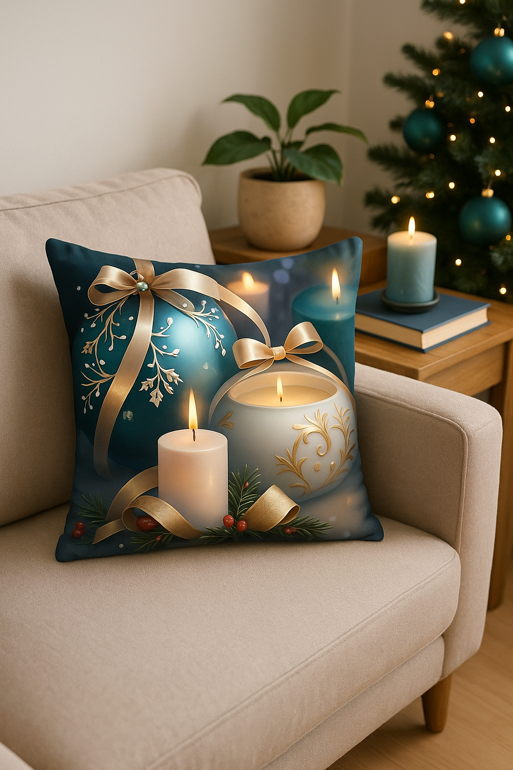 housse de coussin décorative avec boules de noël et nœud doré - vue 2 sur 2