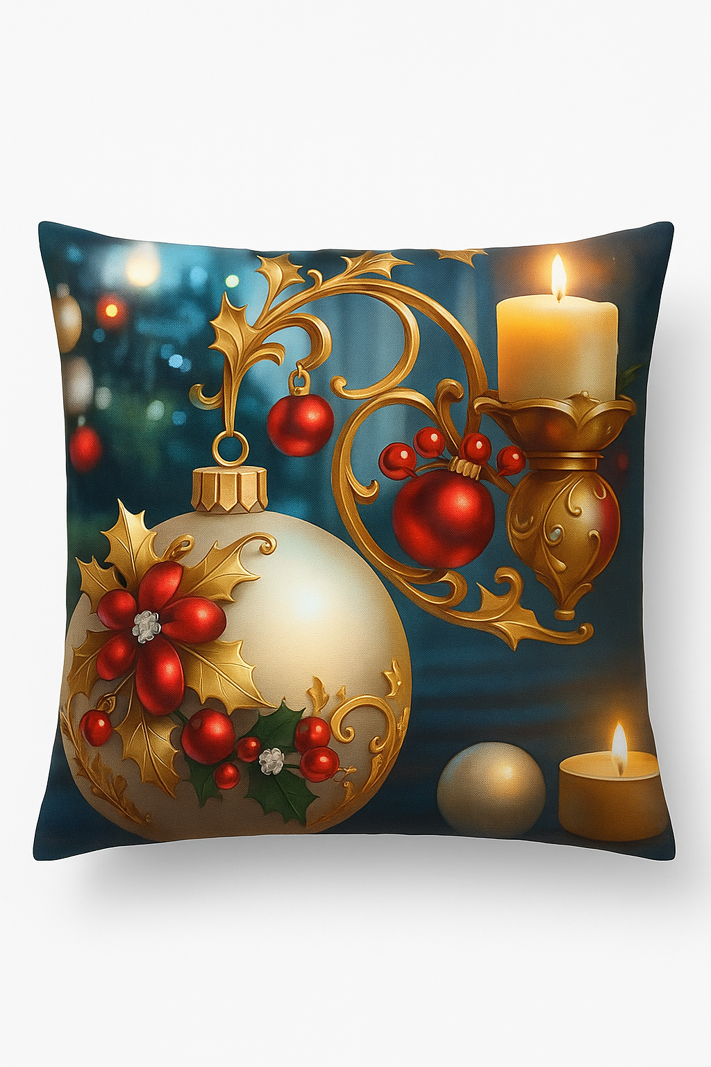 housse de coussin décorative boules de Noël dorées et bougies