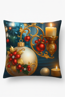 housse de coussin décorative boules de Noël dorées et bougies