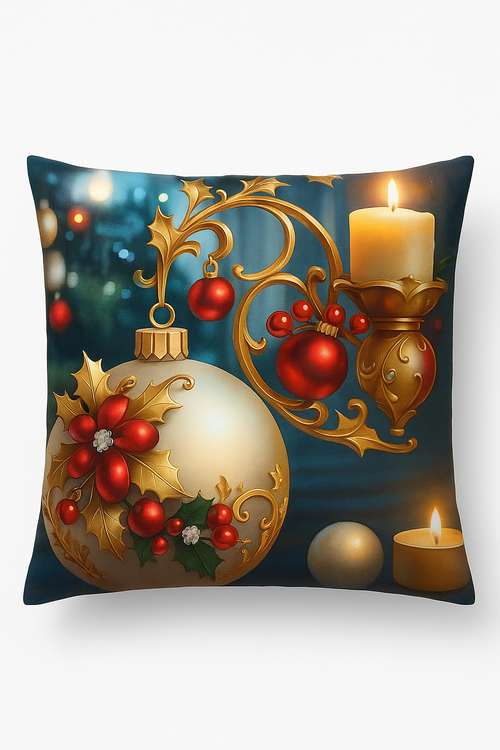 housse de coussin décorative boules de Noël dorées et bougies