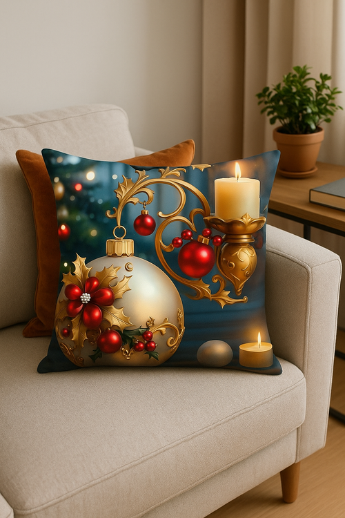 housse de coussin décorative boules de Noël dorées et bougies - vue 2 sur 2