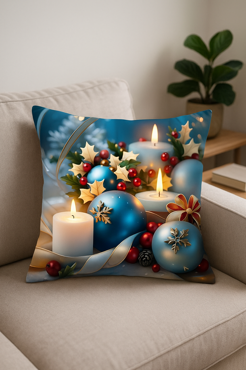 housse de coussin décorative boules de Noël et nœud doré - vue 2 sur 2