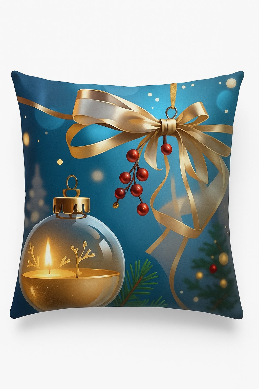 housse de coussin décorative boules de Noël et nœud doré