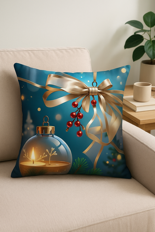 housse de coussin décorative boules de Noël et nœud doré - vue 2 sur 2