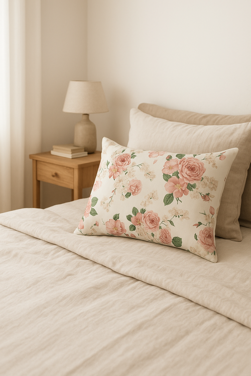 housse de coussin décorative motif arc-en-ciel fleurs rouges roses - vue 3 sur 2