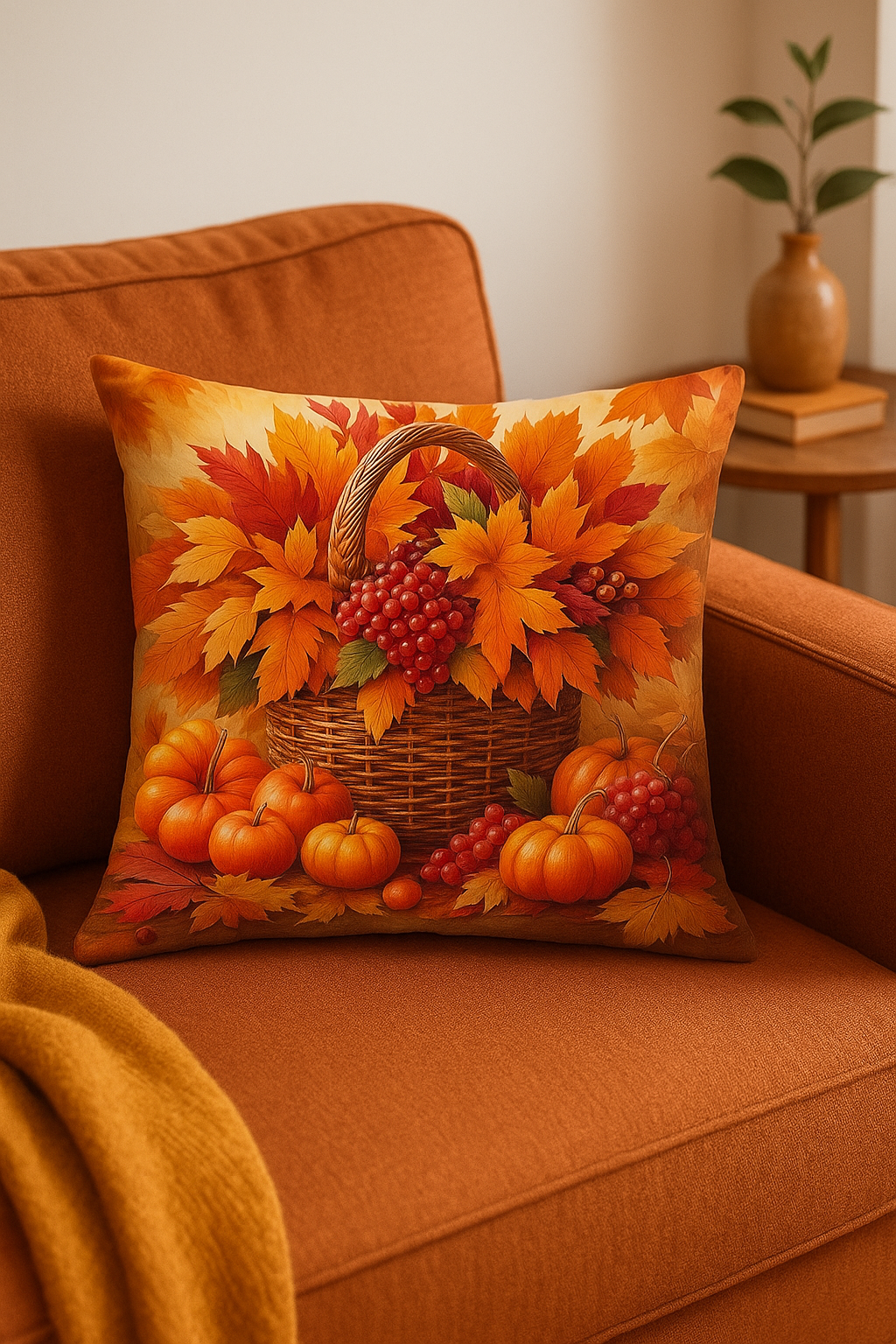 housse de coussin décorative motif feuilles d'automne et panier - vue 2 sur 2