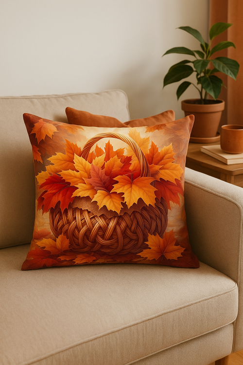 housse de coussin décorative motif feuilles d'automne et panier - vue 2 sur 2