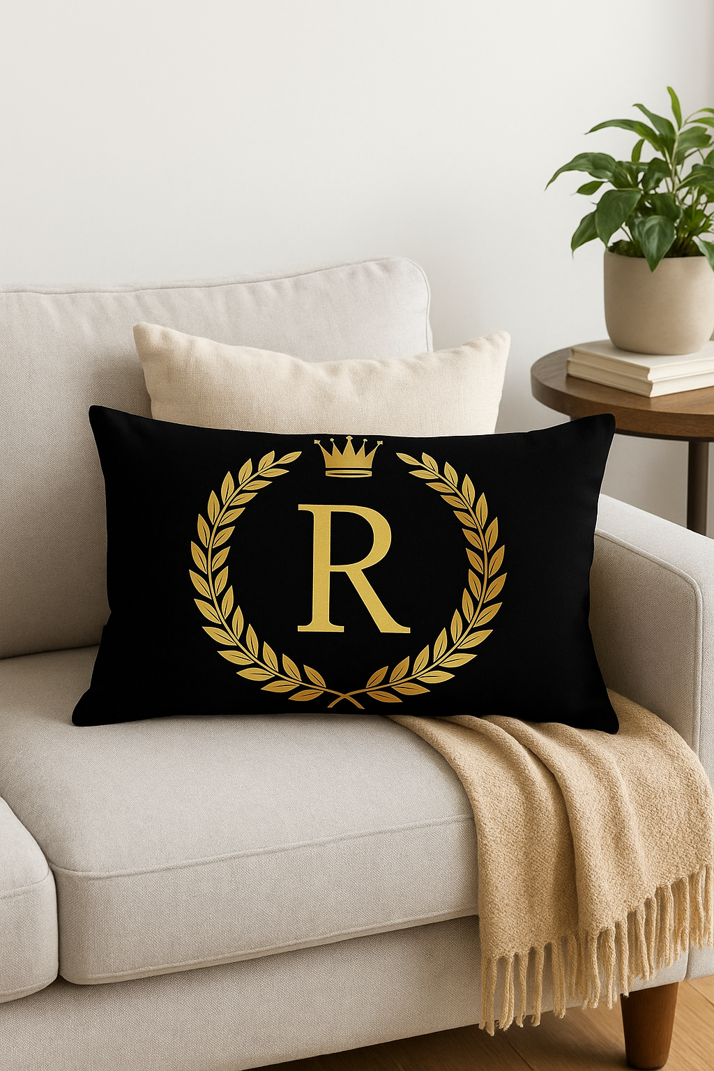housse de coussin décorative motif lettres noires dorées