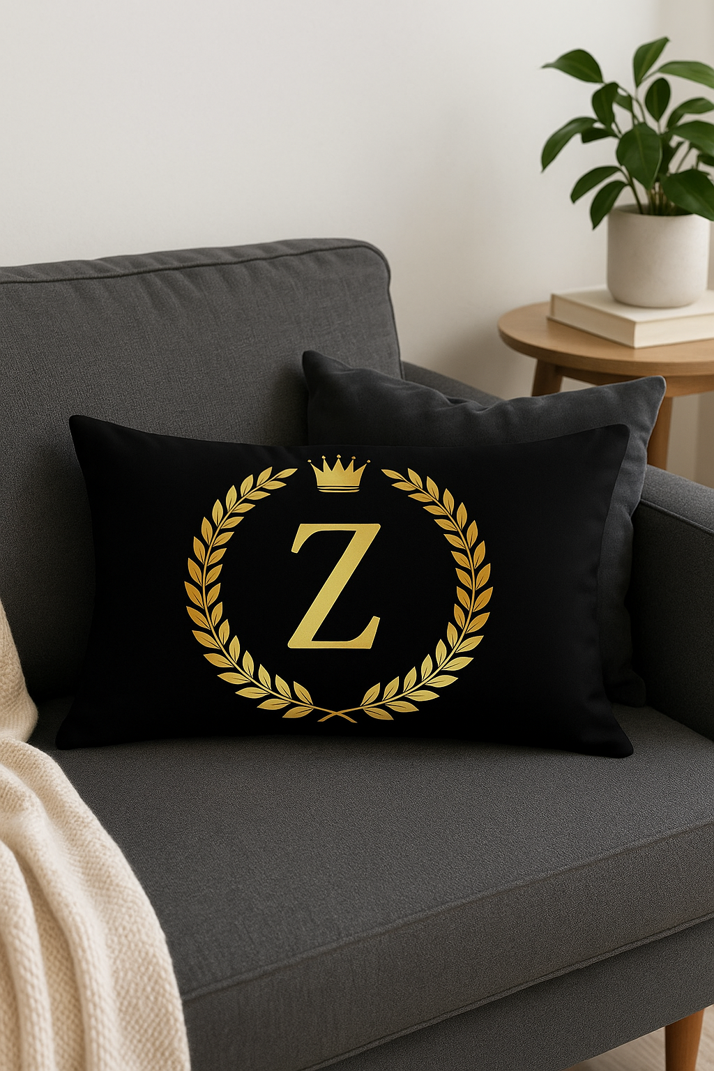 housse de coussin décorative motif lettres noires et dorées - vue 2 sur 2