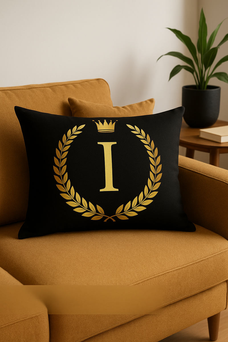 housse de coussin décorative motif lettres noires et dorées