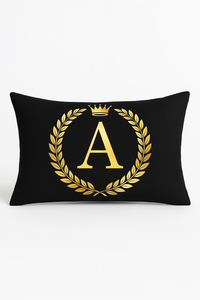 housse de coussin décorative motif lettres noires et dorées