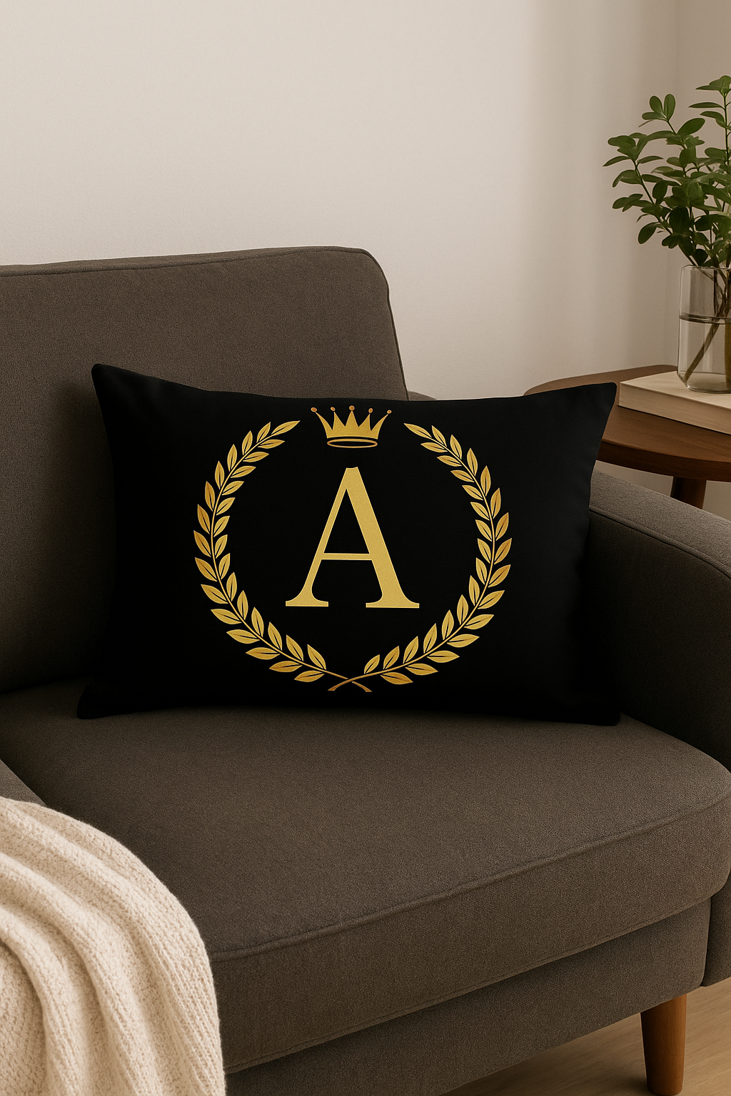 housse de coussin décorative motif lettres noires et dorées - vue 2 sur 2