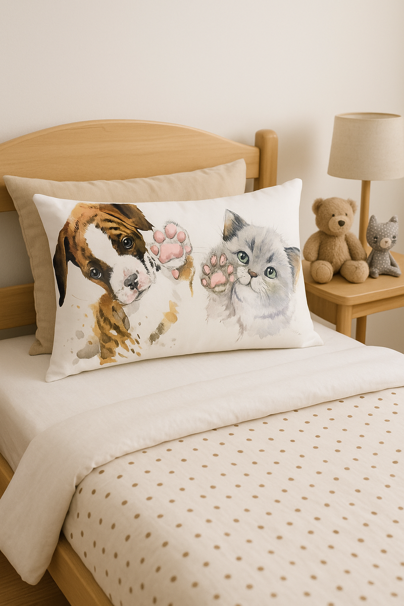 housse de coussin décorative motif petits animaux chiot chat