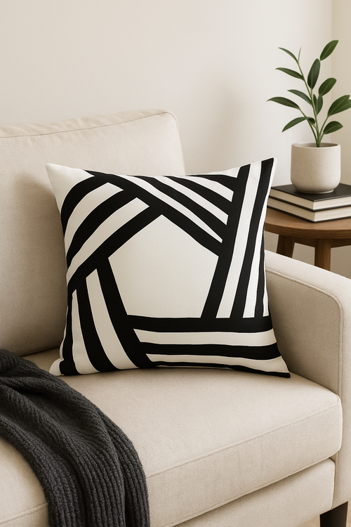 housse de coussin géométrique noir et blanc design moderne - vue 2 sur 2
