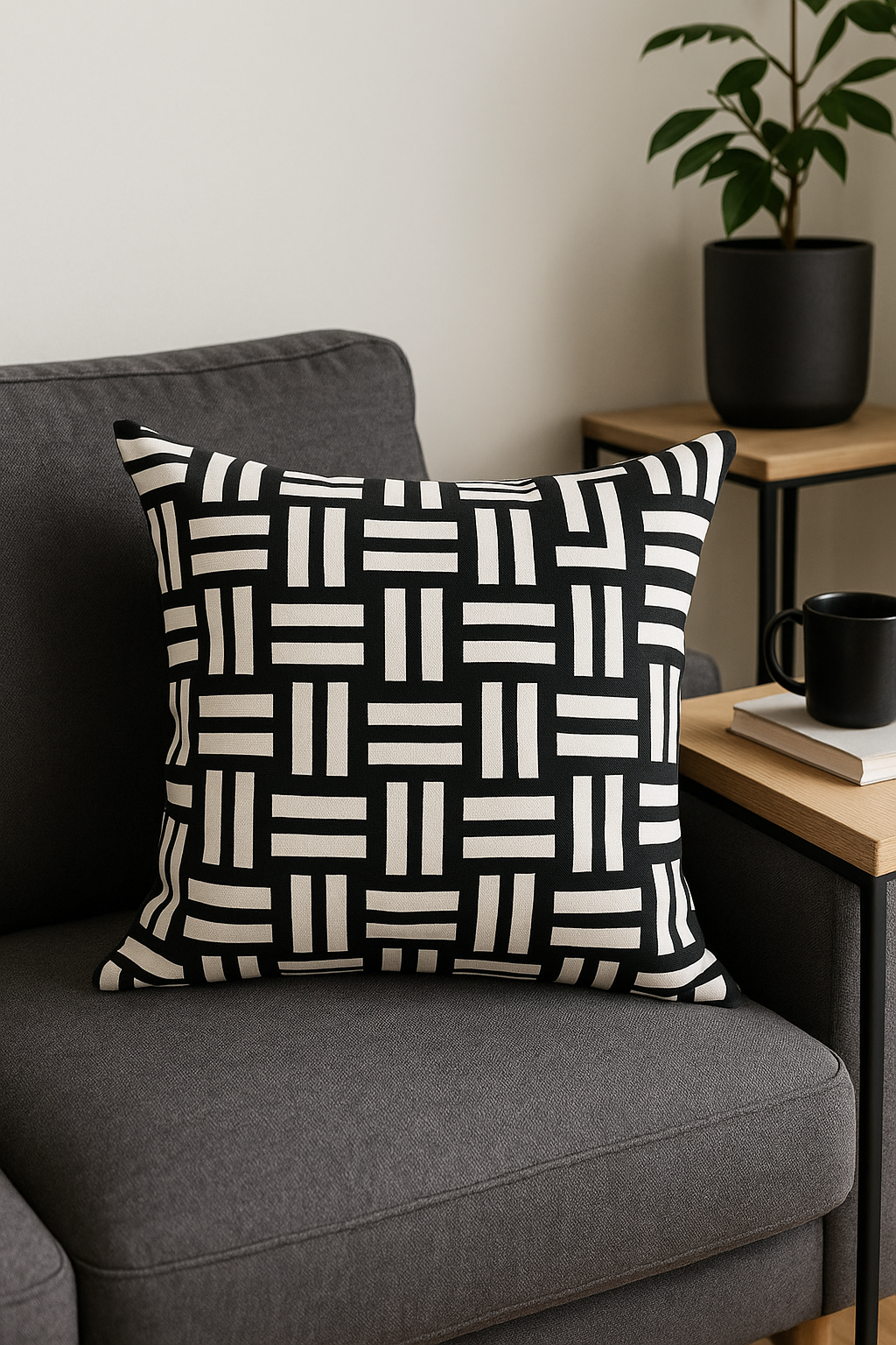 housse de coussin géométrique noire et blanche décorative à lignes ondulées - vue 2 sur 2