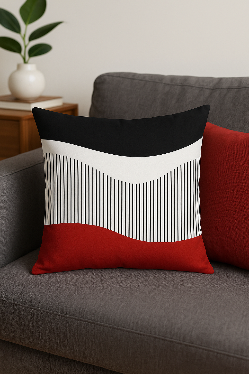 housse de coussin géométrique noire et rouge décorative - vue 2 sur 2