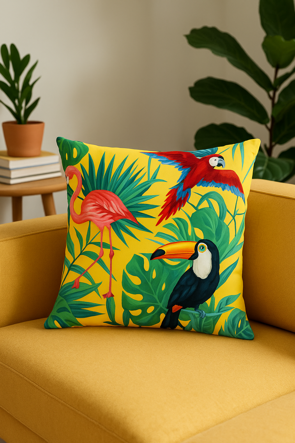 housse de coussin motif cactus monstera et plantes tropicales