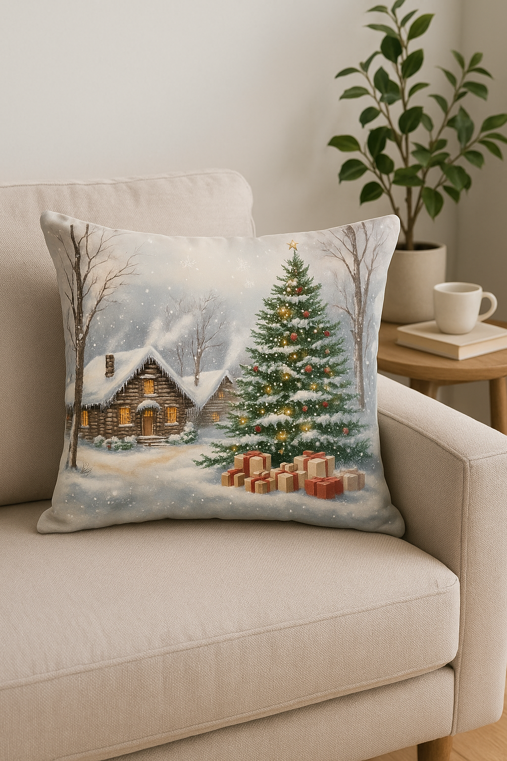 housse de coussin motif père noël et chalet enneigé - vue 2 sur 2