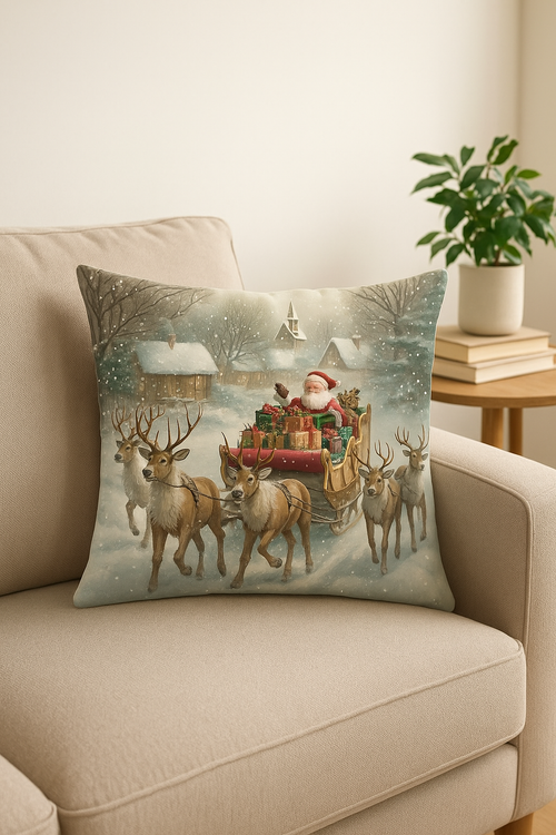 housse de coussin motif père noël et chalet enneigé - vue 2 sur 2