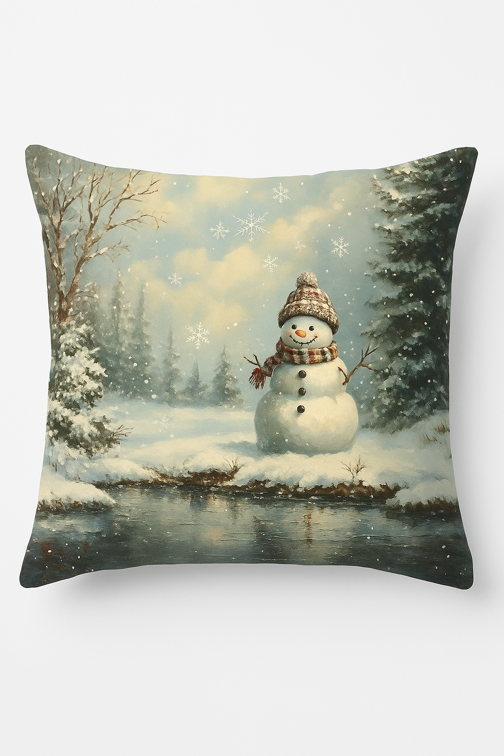 housse de coussin motif père noël et chalet hiver