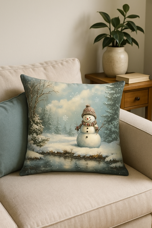 housse de coussin motif père noël et chalet hiver - vue 2 sur 2