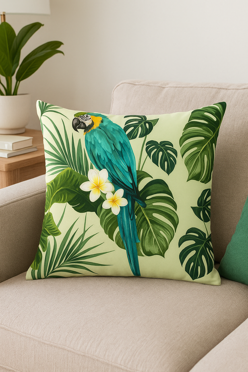 housse de coussin motif perroquet style tropical pour salon - vue 2 sur 2