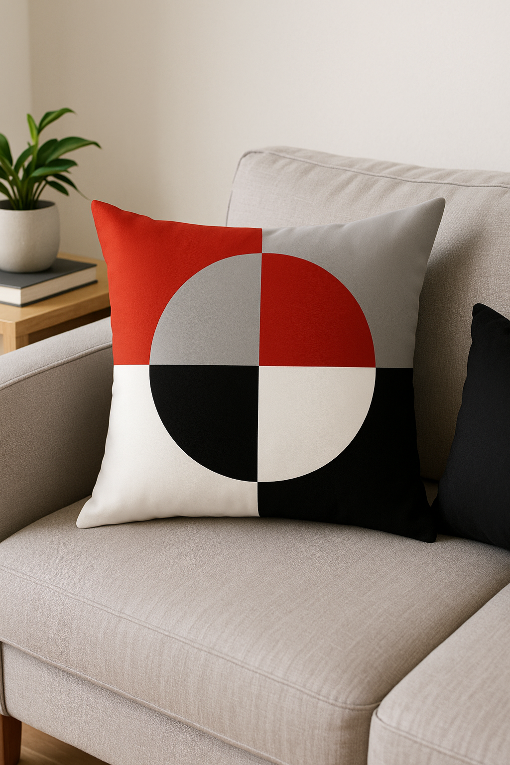 housse de coussin noire et rouge motif géométrique décoratif - vue 2 sur 2