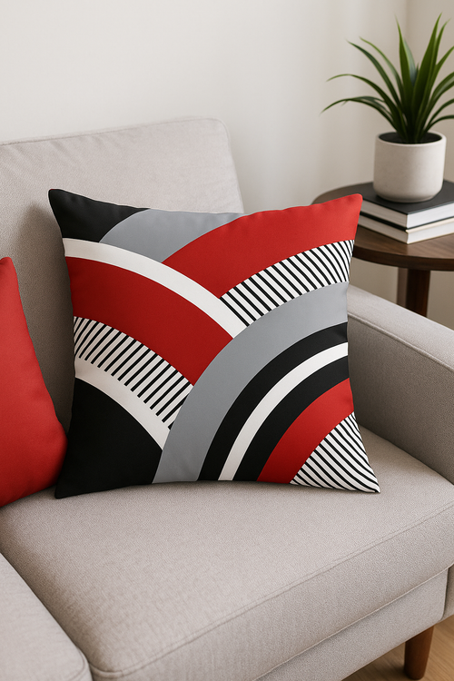 housse de coussin noire et rouge motif géométrique moderne - vue 2 sur 2
