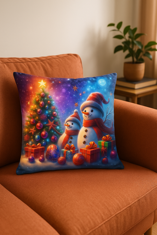 housse de coussin père noël cerfs et bonshommes de neige festive - vue 2 sur 2