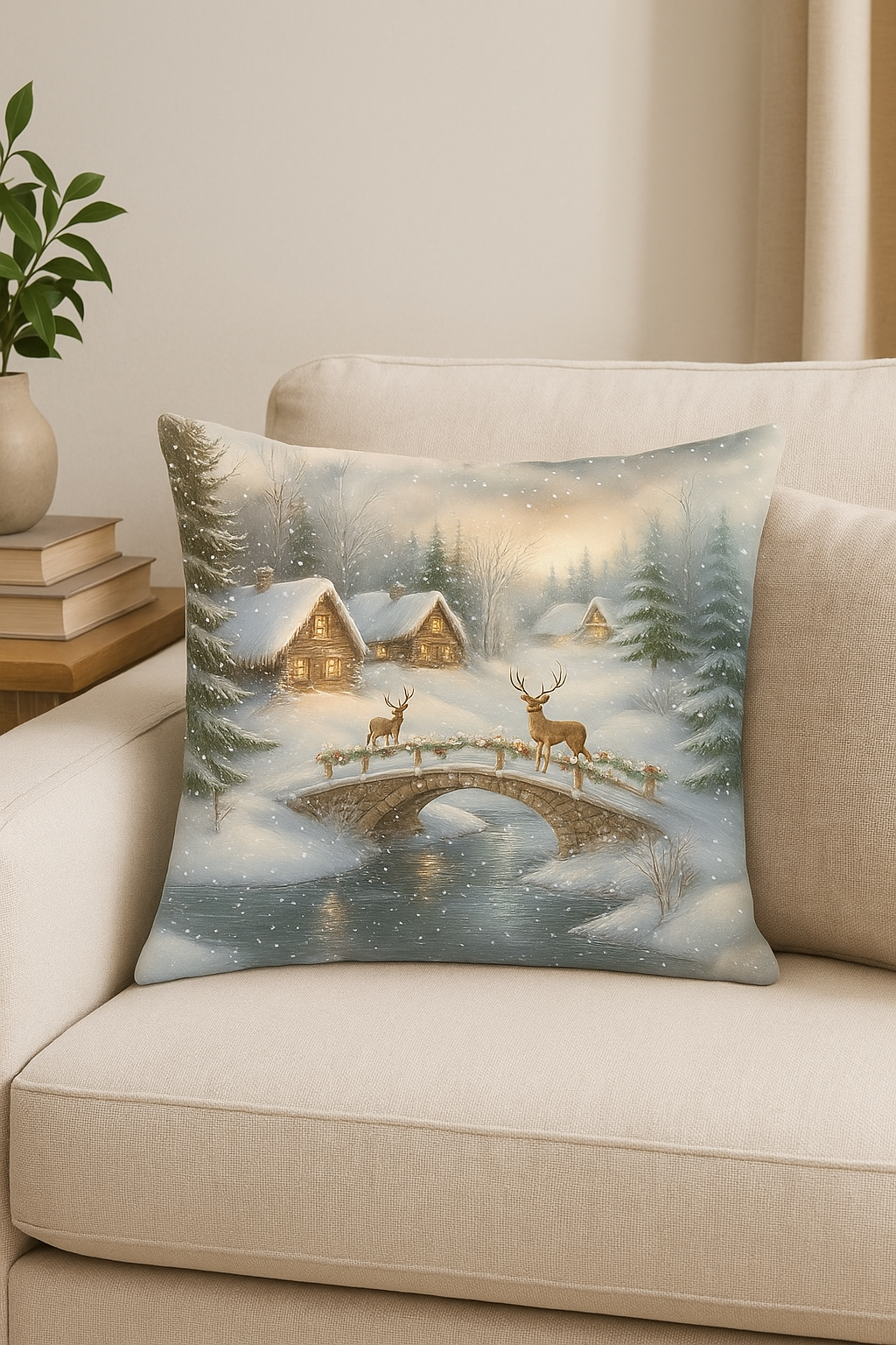housse de coussin père noël et chalet en hiver - vue 2 sur 2