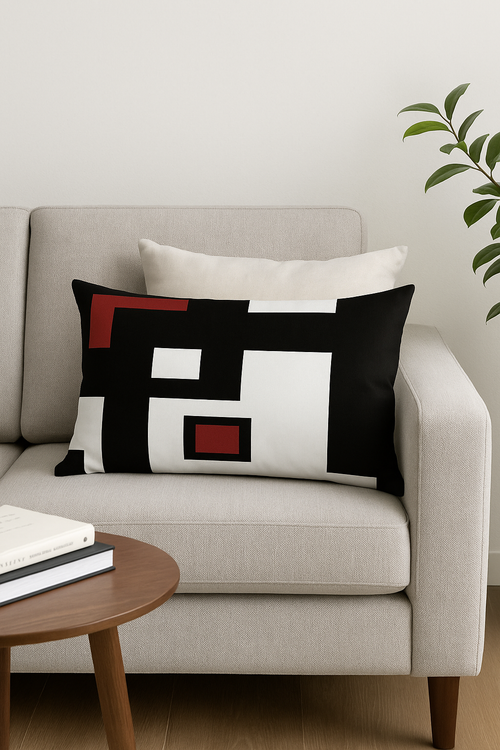 housse de coussin rectangulaire géométrique jaune et rouge 30x50 cm - vue 2 sur 2