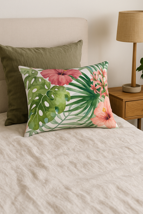 housse de coussin rectangulaire motif fleurs tropicales 30 x 50 cm - vue 3 sur 2