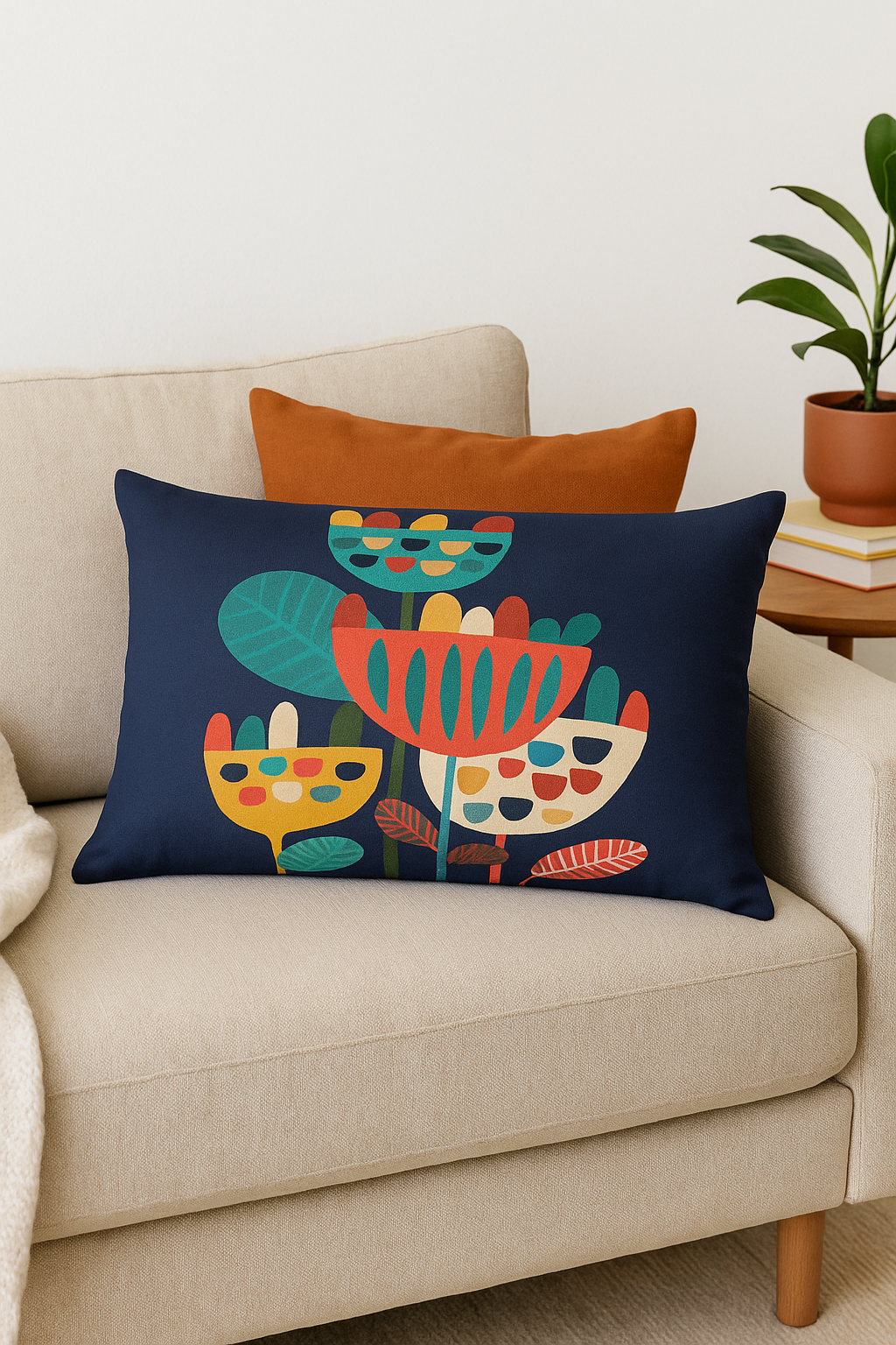 housse de coussin rectangulaire motif géométrique arc-en-ciel et végétal - vue 2 sur 2