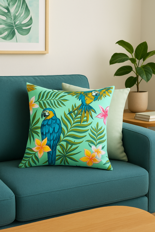 housse de coussin tropical avec motif perroquet coloré - vue 2 sur 2