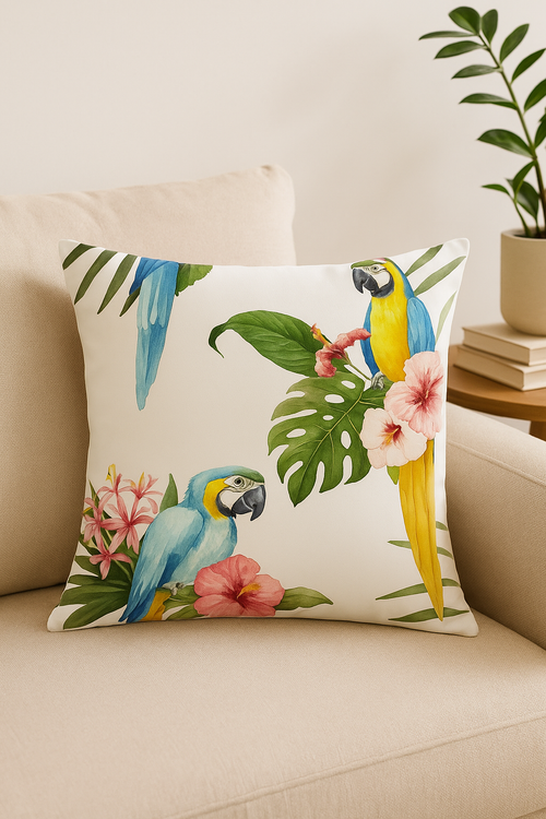 housse de coussin tropical motif perroquet coloré pour salon - vue 2 sur 2