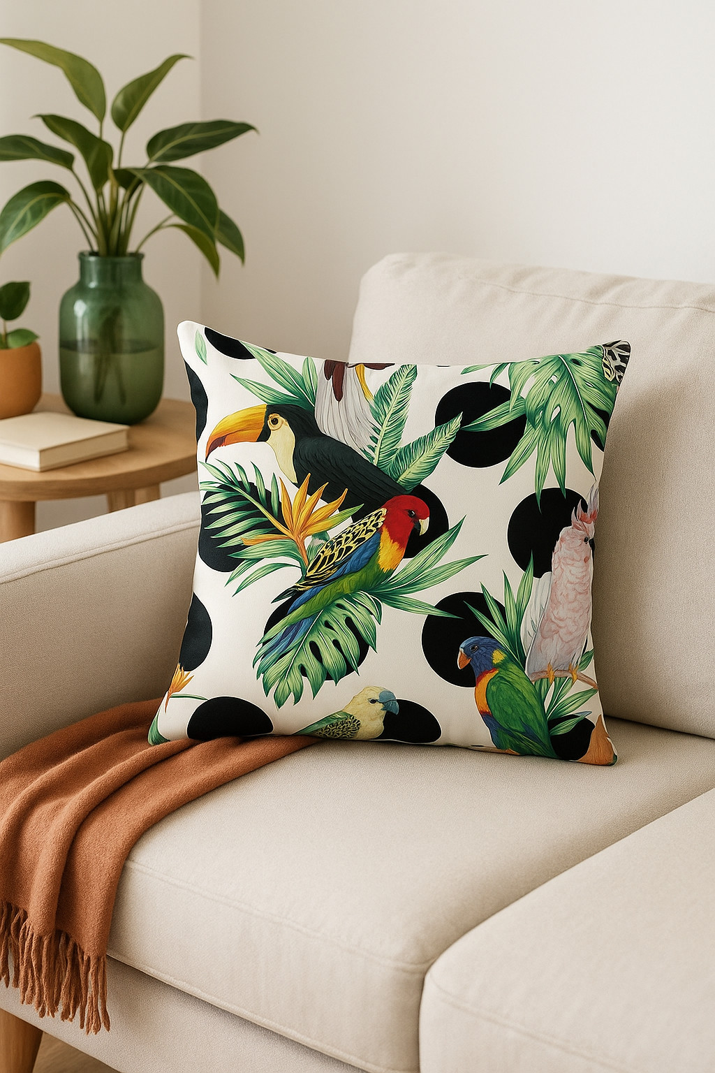 housse de coussin tropical motif perroquet pour canapé