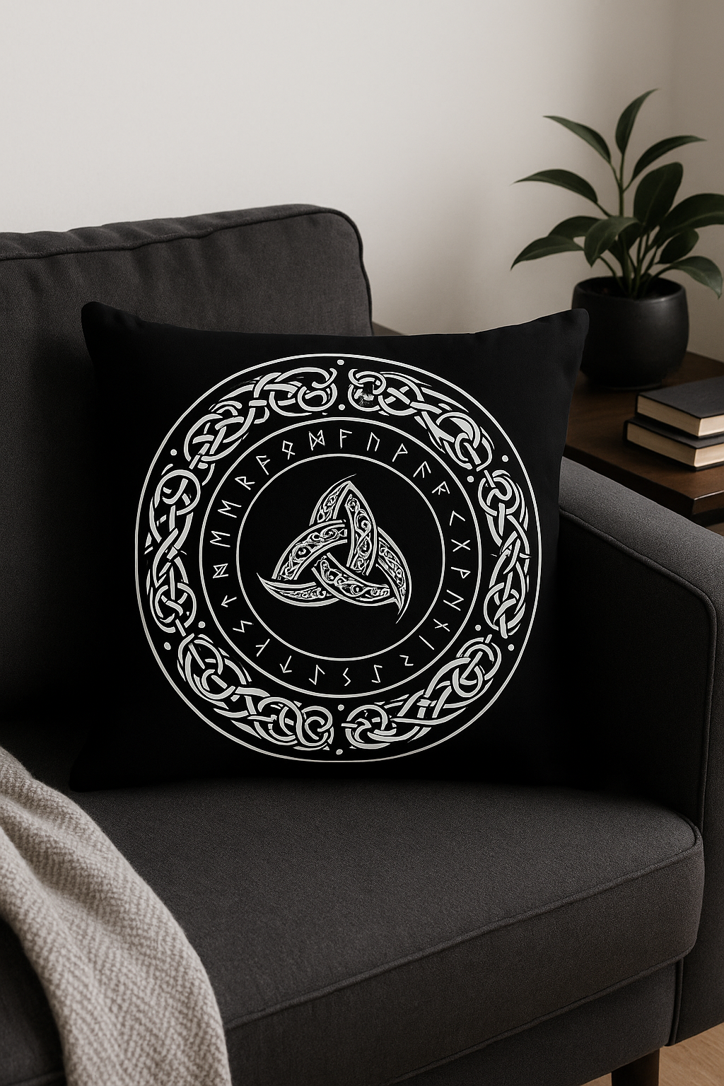 housse de coussin viking amulet motif géométrique noir et blanc