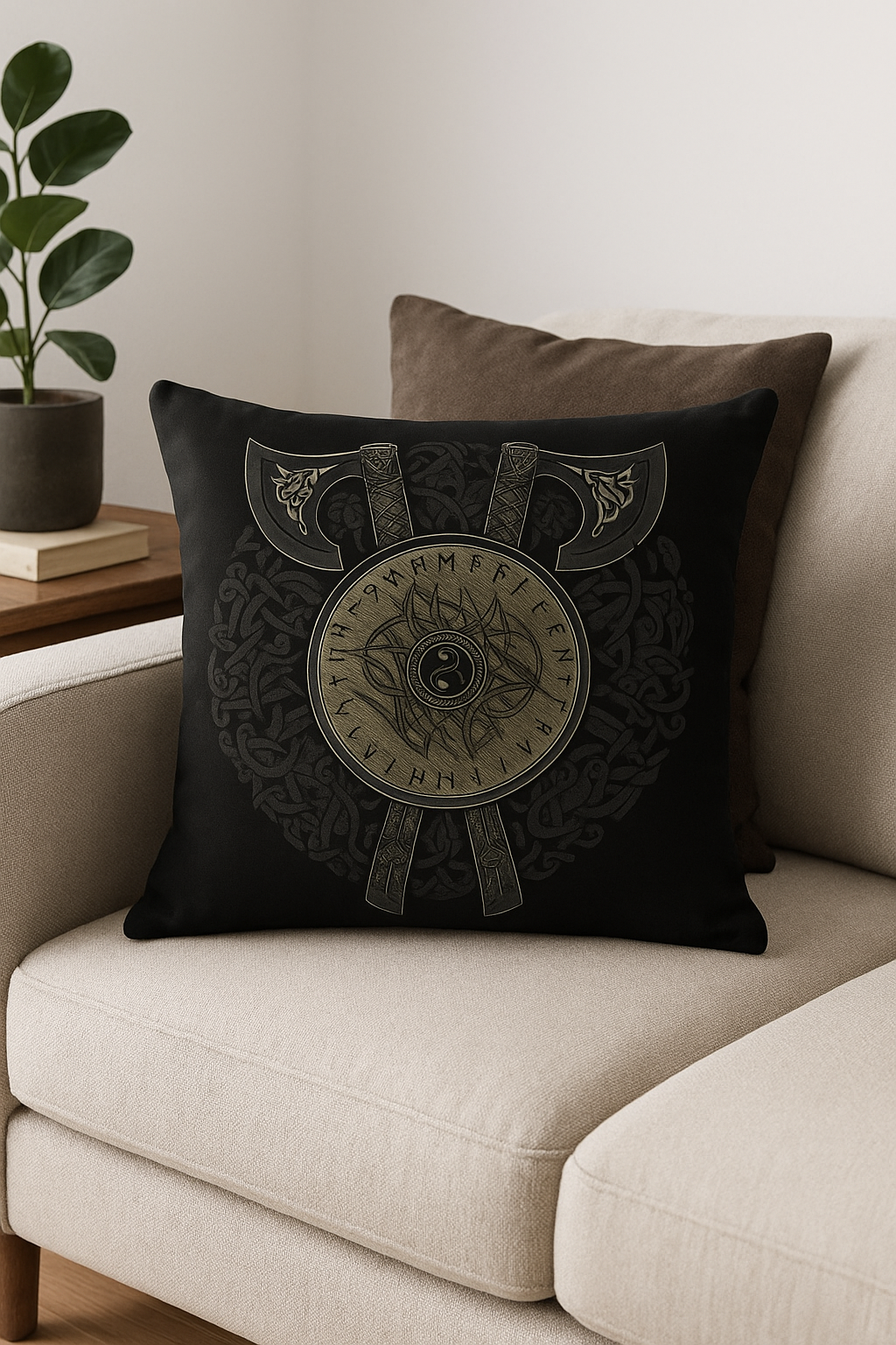 housse de coussin viking amulet motif géométrique noir et blanc