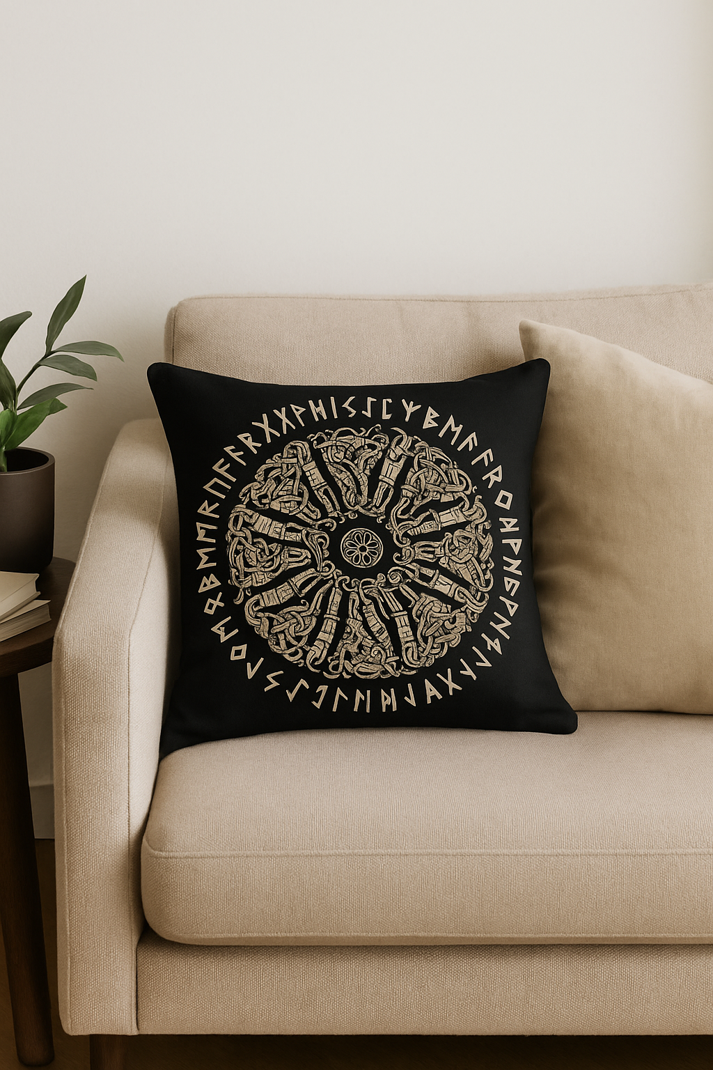 housse de coussin viking amulet motif géométrique noir et blanc
