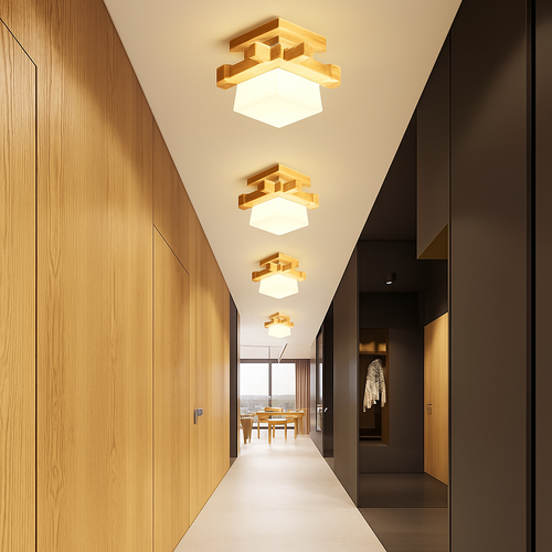 Japonais chaleureusement maison Cottage Tatami bois plafonnier Led avec abat-jour en verre couloir couloir balcon E27 plafonnier moderne - vue 6 sur 7