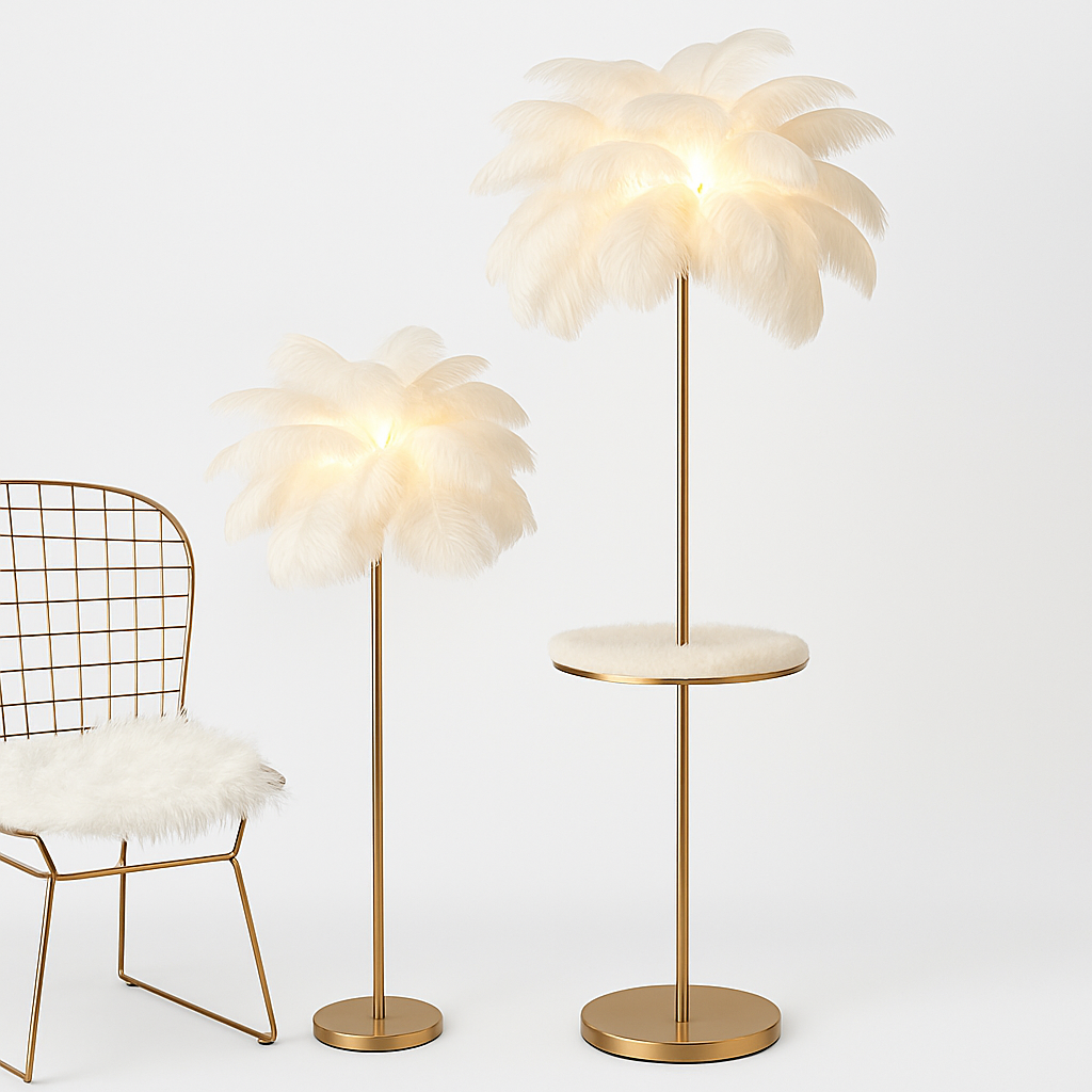 lampadaire décoratif nordique avec plumes d'autruche et éclairage led - vue 3 sur 15