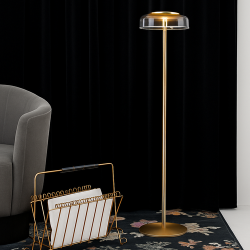 Lampadaire doré avec abat-jour en verre arrondi - vue 3 sur 5