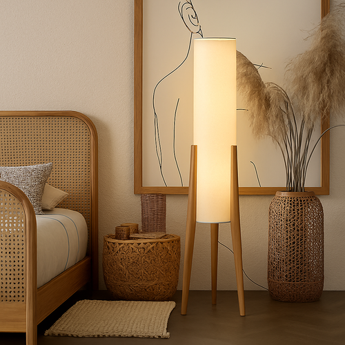 Lampadaire en bois massif Art nordique Simple abat-jour moderne tissu chambre salon décor lecture restaurant salon standin - vue 2 sur 8