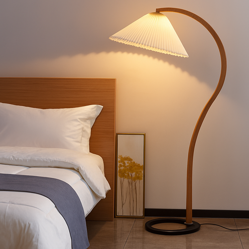 Lampadaire LED plissée en bois naturel et noyer - vue 2 sur 9