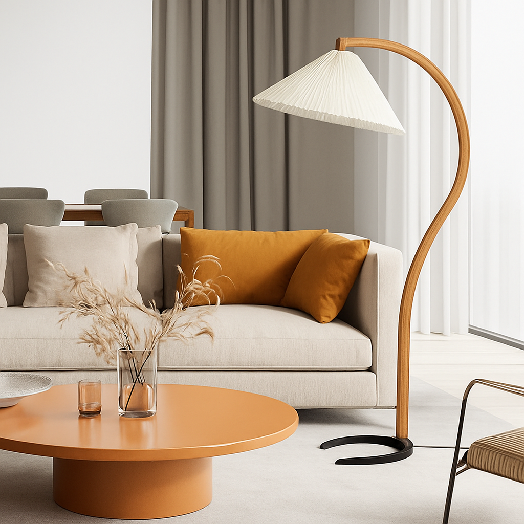 Lampadaire LED plissée en bois naturel et noyer - vue 3 sur 9