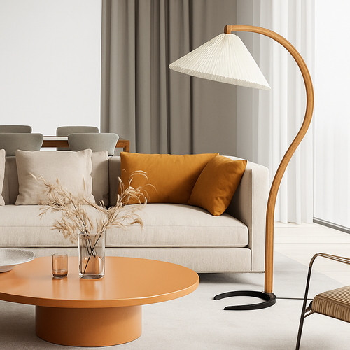 Lampadaire LED plissée en bois naturel et noyer - vue 3 sur 9
